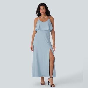 Halara Winter Sky Ruffle Maxi Slip Dress Blue Size Large